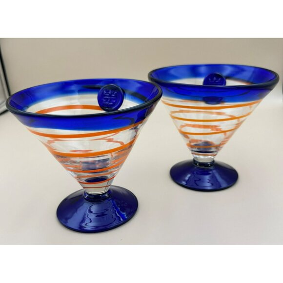 Pair of Royal Caribbean Cocktail Dessert Glasses Orange Cobalt Swirl - Picture 1 of 8